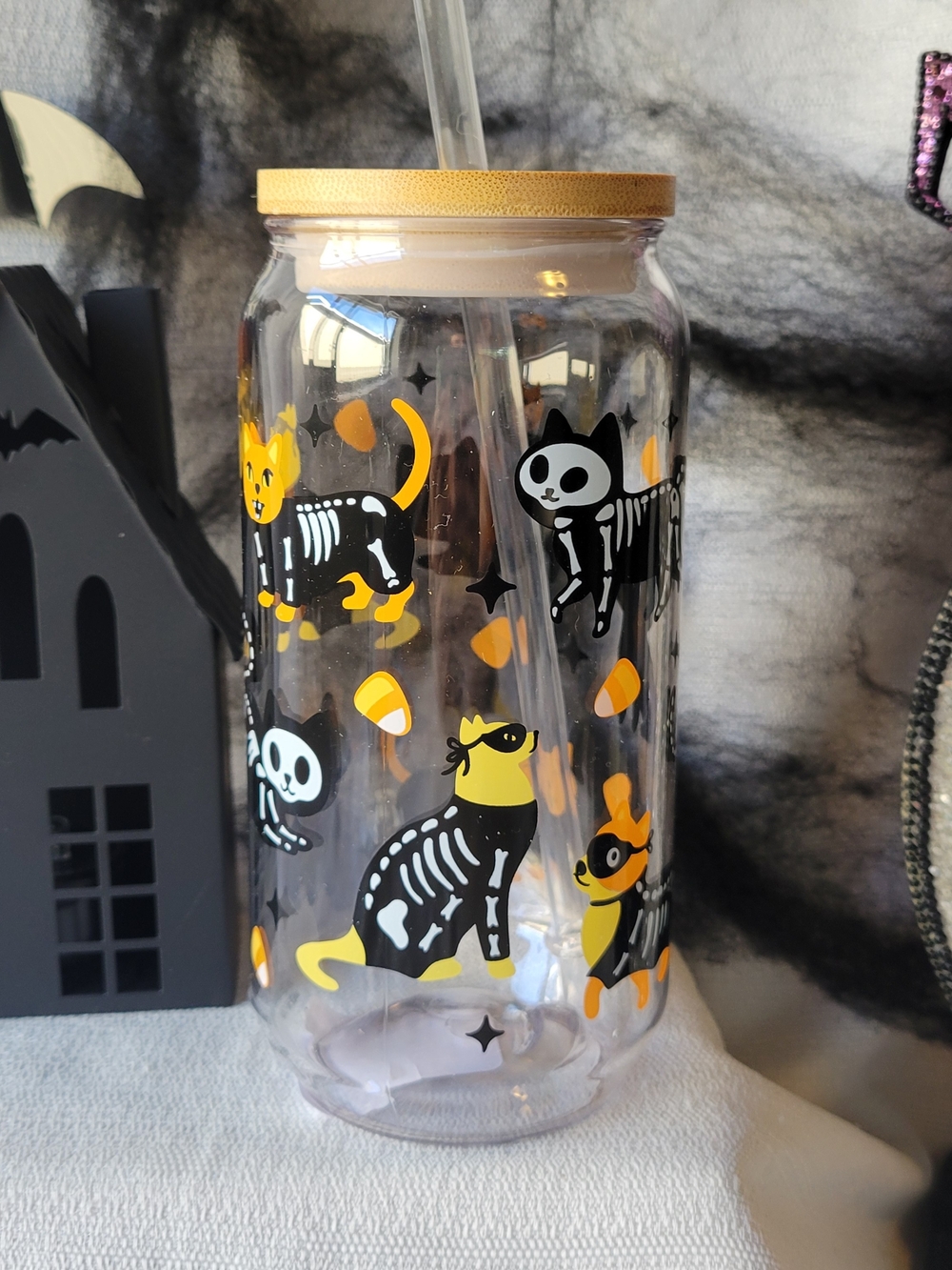 Halloween Skeleton Cats Acrylic Tumbler with Straw